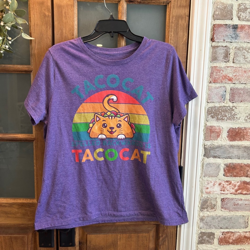 Taco Cat Shirt Funny Cat Pun Graphic Tee‎ Rainbow Retro Style Purple Size M/L